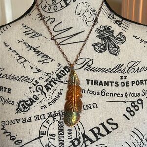 Gorgeous Brass Hand Painted Feather Pendant Necklace